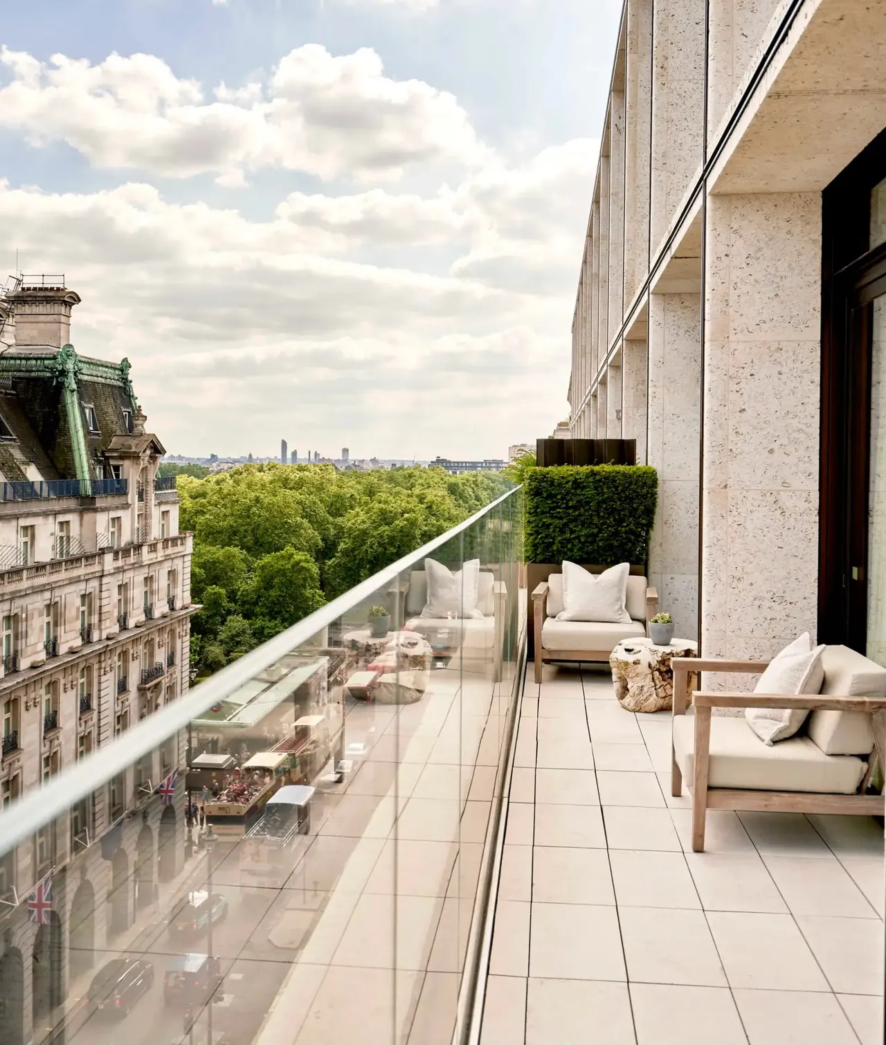 A long terrace overlooking the treetops of Green Park.