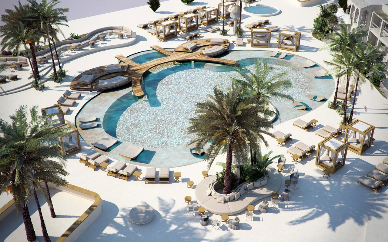 Aerial rendering of the lagoon pool at Destino Five Ibiza with a timber deck, cabanas, daybeds and palms