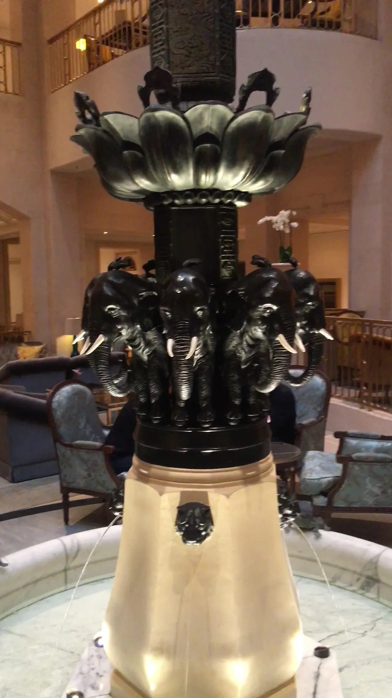 The bronze elephant fountain in the hotel lobby.