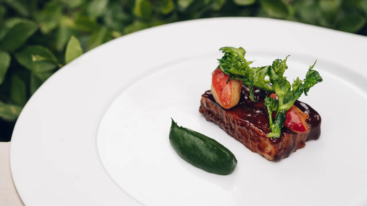 A plated main course of glazed meat with a green quenelle on the side.
