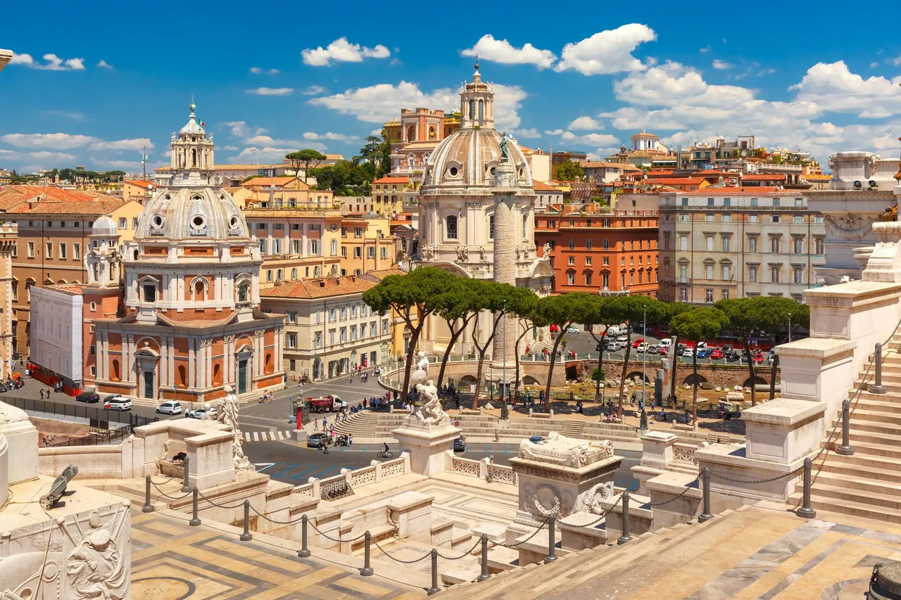 A panoramic view over the domes and monuments of central Rome.