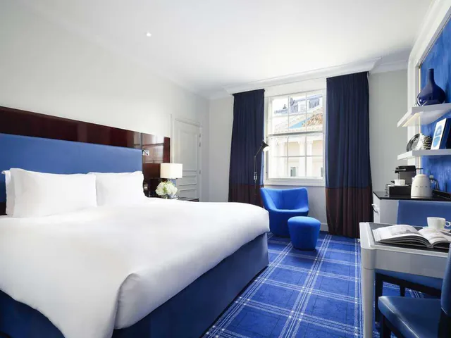 A guest room with a white bed, blue carpet and tall windows.