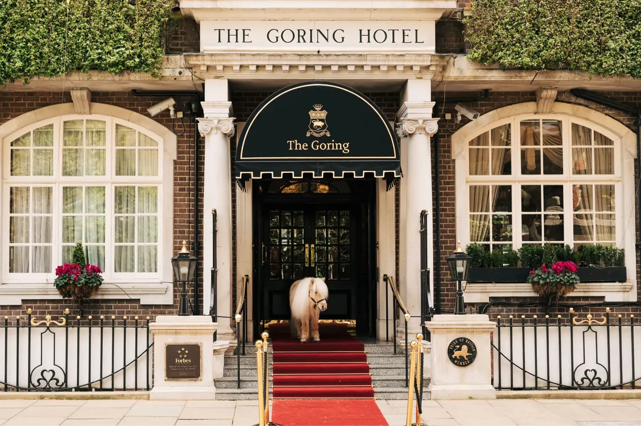 The red-carpeted entrance of The Goring beneath its green canopy.